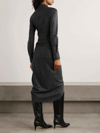 Exquisite Draped Pinstripe Wrap Midi Shirt Dress