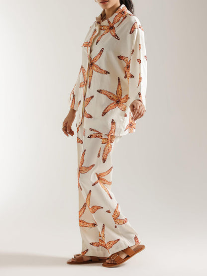 Unique Starfish Print Loose Plus-Size Button-Up Shirt