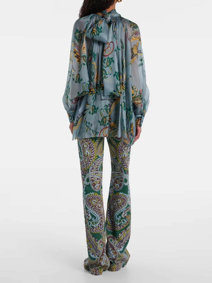 Delicate Floral Print Pleated Tie-Front Chiffon Blouse