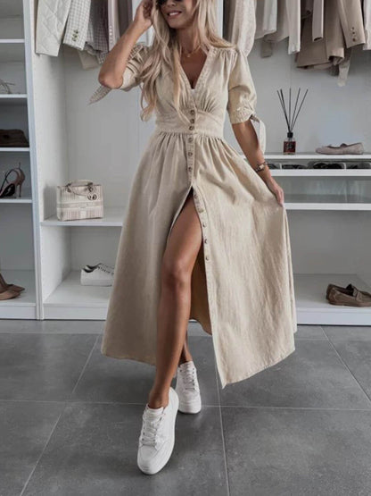 Unique Pleats Solid Color V-Neck Button-Down Denim Midi Dress