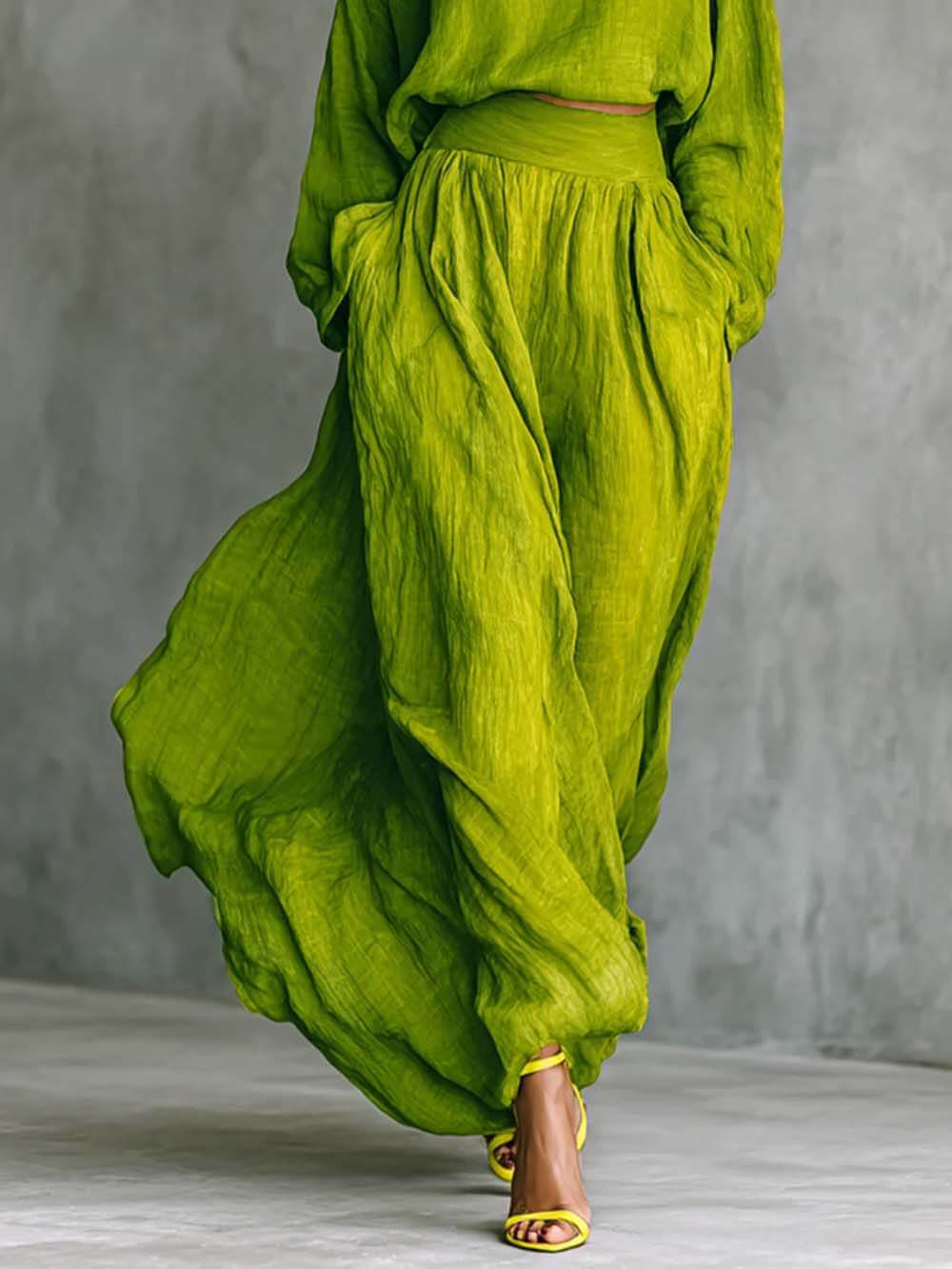 Casual Green Turtleneck Loose-Fit Top