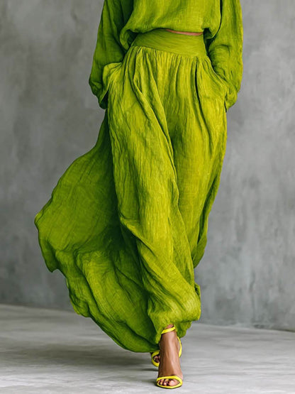 Casual Green Turtleneck Loose-Fit Top