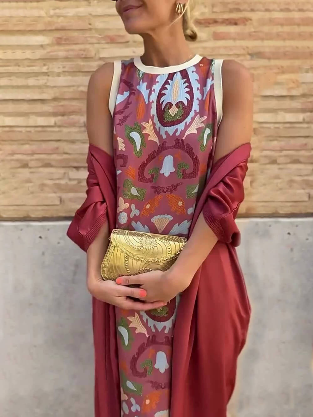 Elegant Printed Round Neck Tank Dress with Cape Two-Piece Set