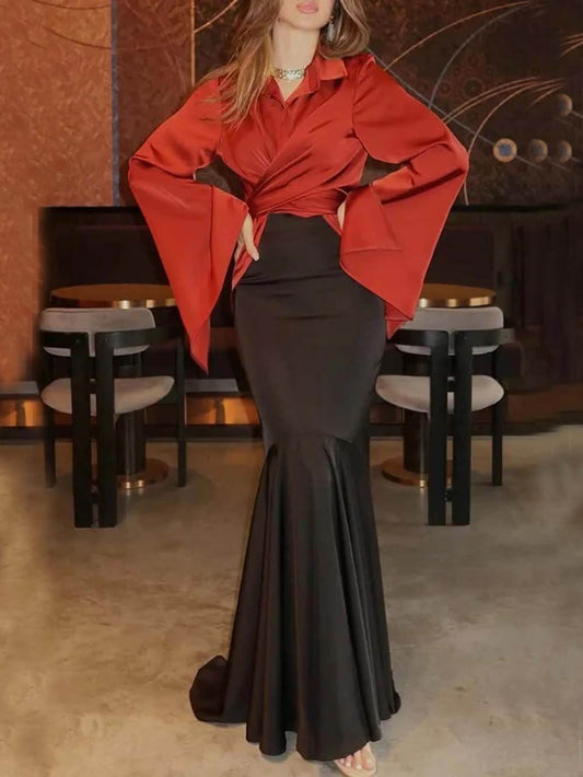 Fashion Satin Button Front Center Cross Straps Long Bell Sleeve Shirt