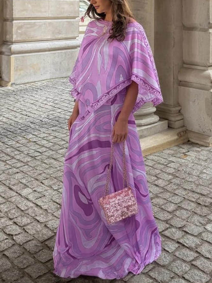 Casual Satin Placement Print Cape Top And Flared Skirt Set