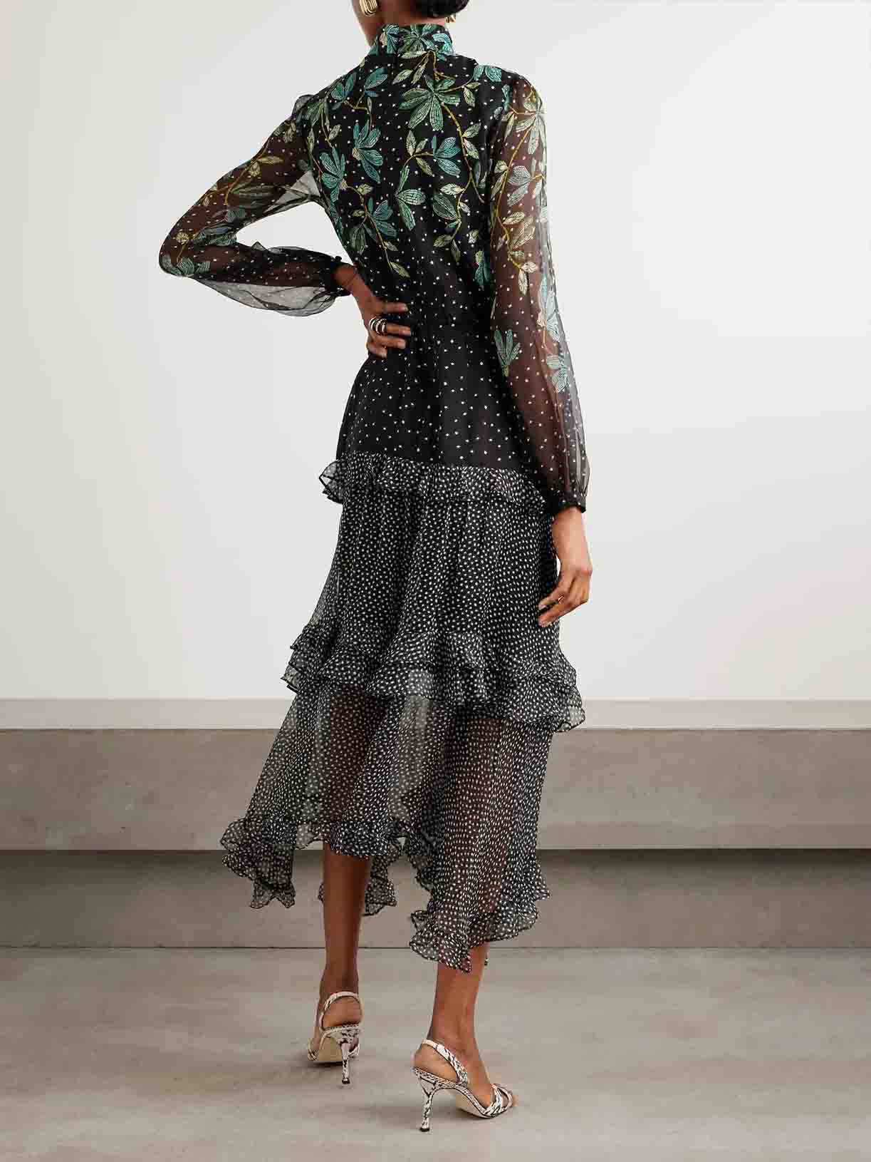 Exquisite Polka Dot Floral Print Ruffled Midi Dress