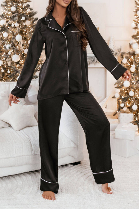Elegant Satin Collar Top And Elastic Waist Wide-Leg Pants Pajama Set