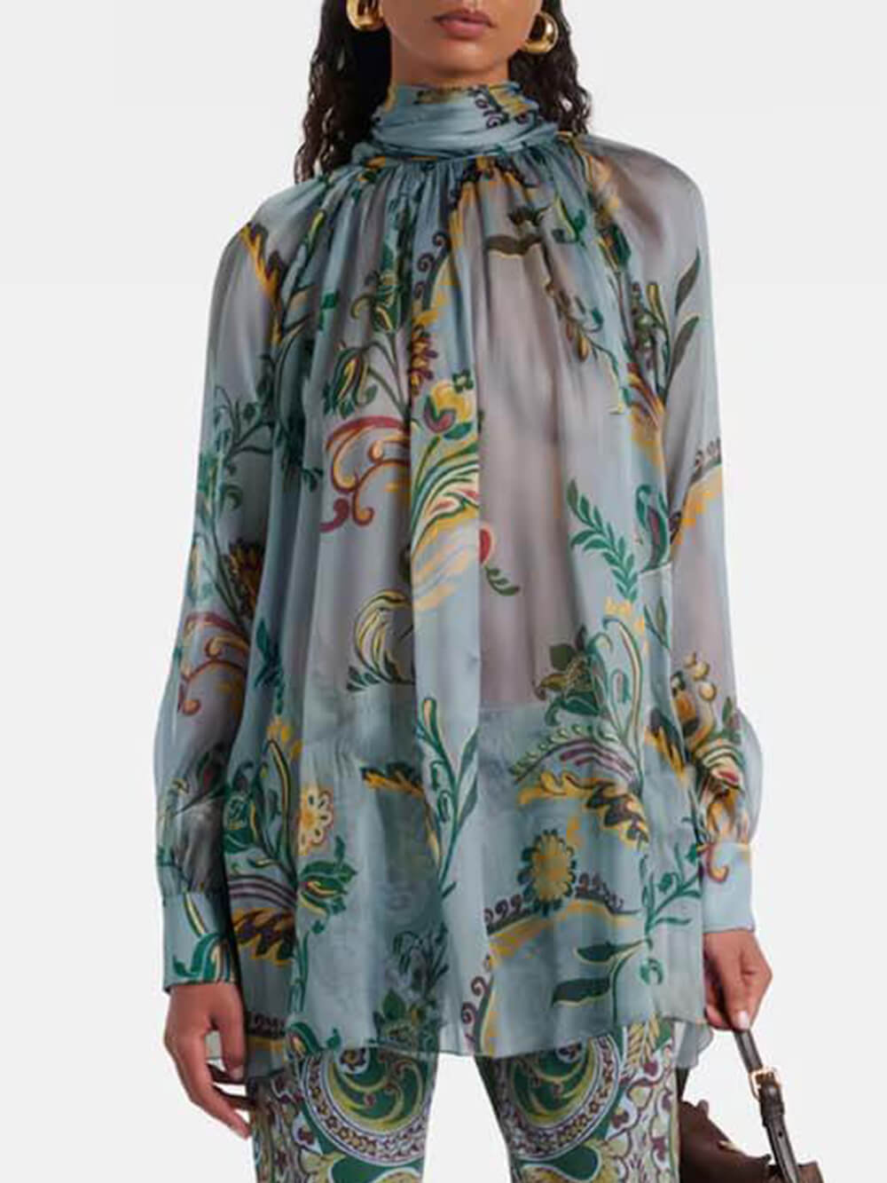 Delicate Floral Print Pleated Tie-Front Chiffon Blouse