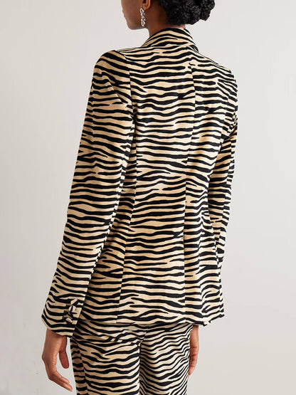 Exquisite Zebra Print Lapel Blazer And Straight Leg Pants Set