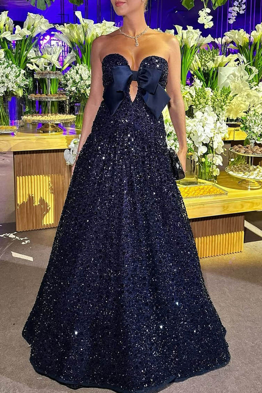 Exquisite Sparkling Sky Sequin Satin Bow Detail Off Shoulder Prom Maxi Dress