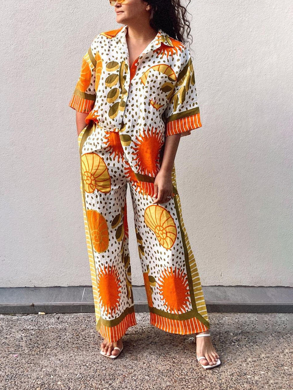 Casual Unique Satin Sun Print Loose Button Down Oversized Shirt