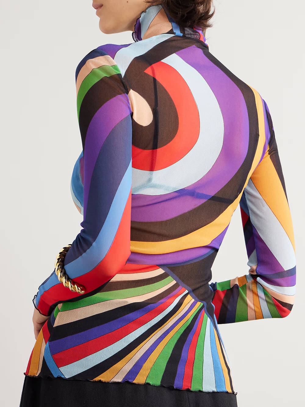 Retro Print Stretch Sheer Mesh Turtleneck Top