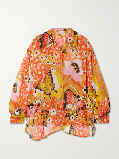Unique Butterfly Print Relaxed Button-Up Shirt