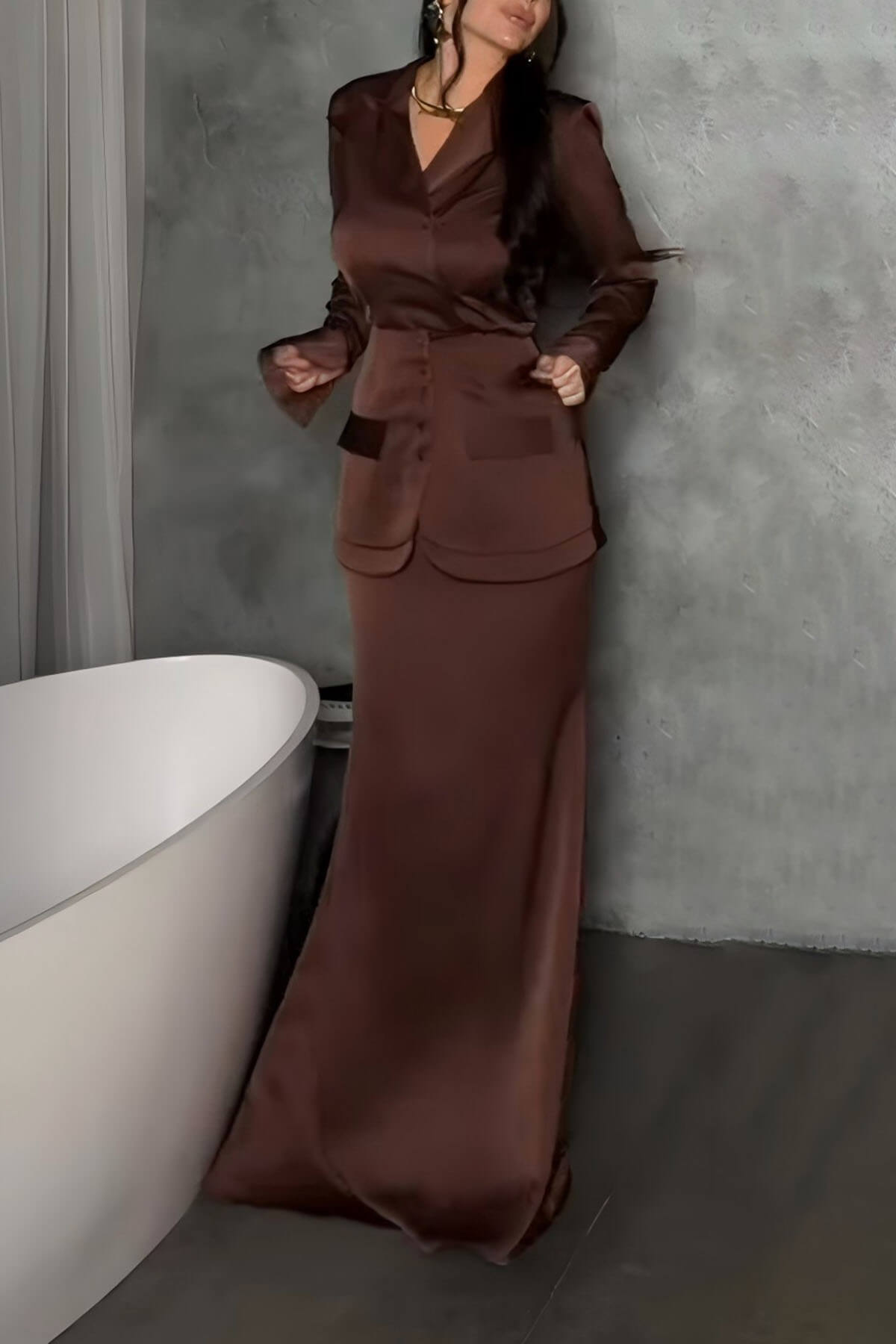 Elegant Satin Button-Embellished Lapel Shirt