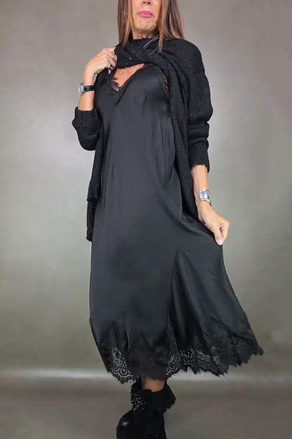 Fashion Lace-Trimmed Spaghetti Strap Casual Midi Dress