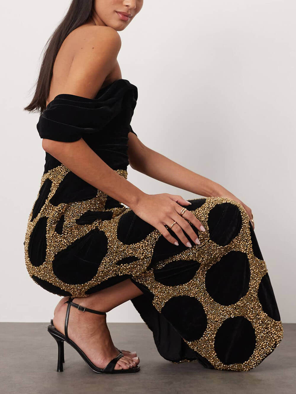 Elegant Black Draped Off-Shoulder Polka Dot Midi Dress