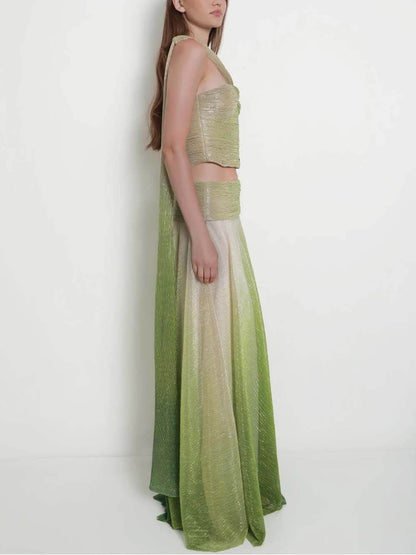 Elegant Ombre Printed One-Shoulder Cutout Top and High-Waisted A-Line Skirt Set