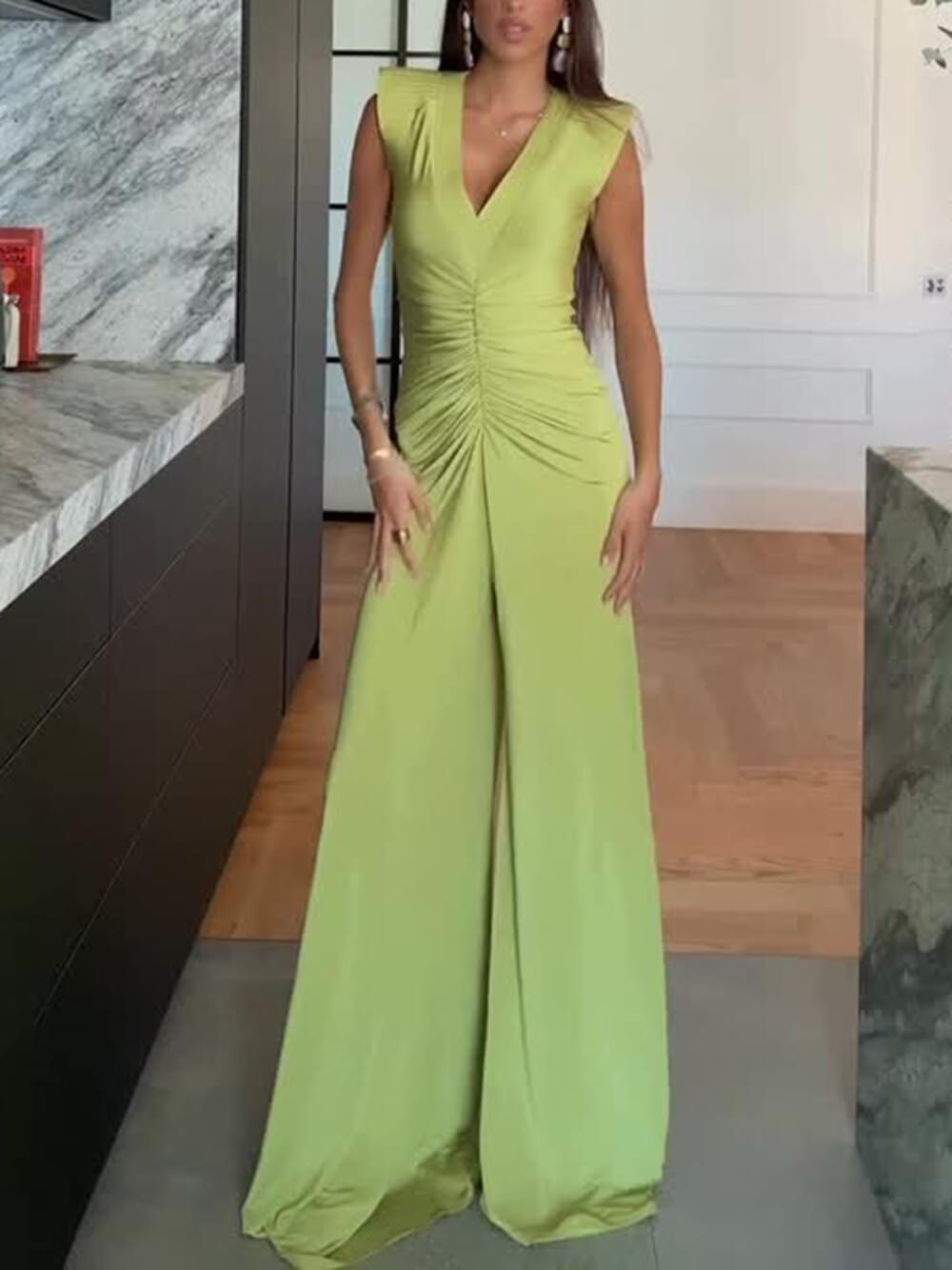 Elegant Ruched Stretch Slim Fit Floor-Length Jumpsuit