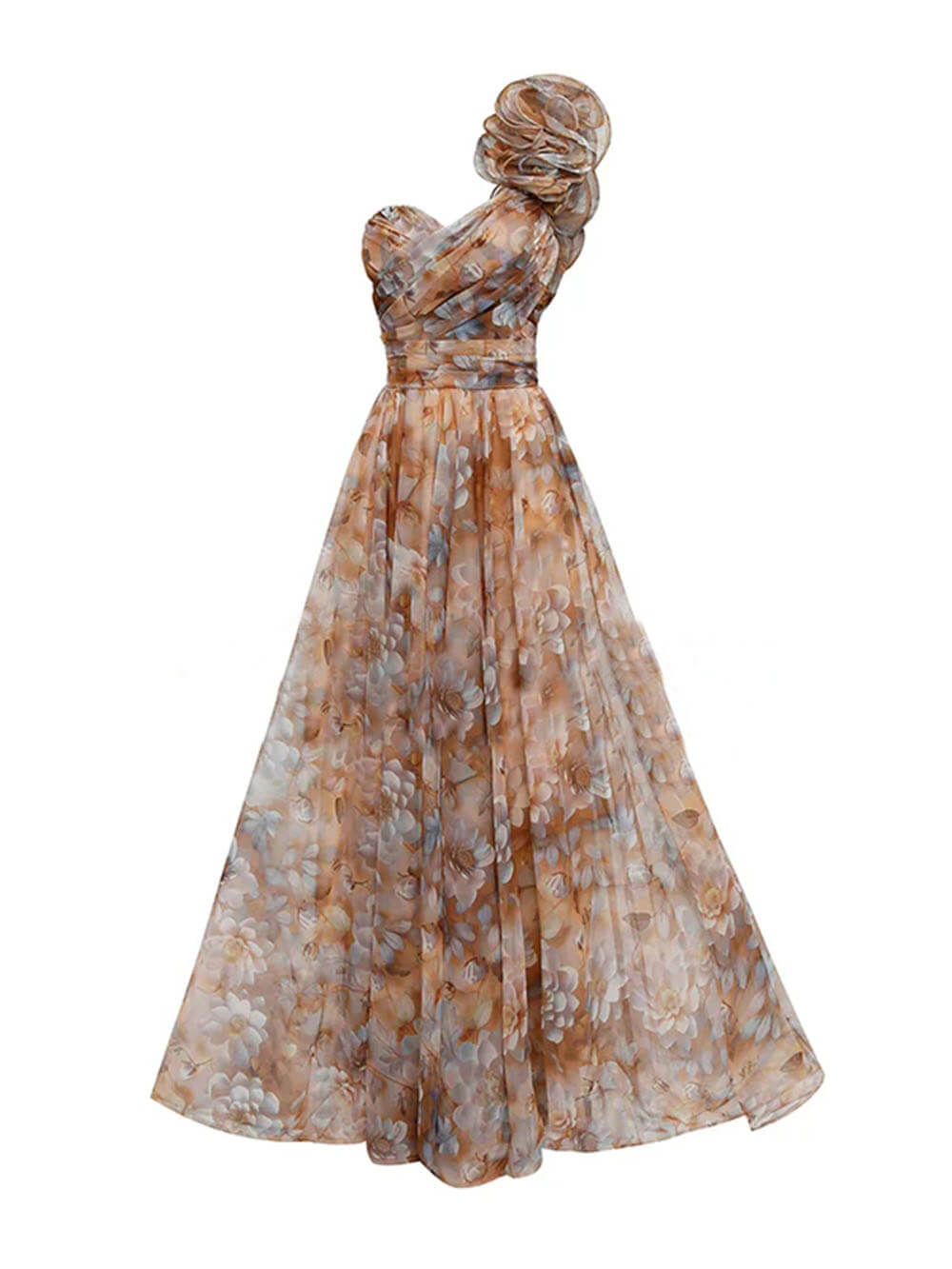 Elegant Romantic Ball Chiffon Floral One-shoulder Pleated Design Back Lace-up Gown Maxi Dress