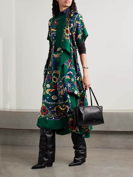 Unique Draped Print Satin Midi Dress