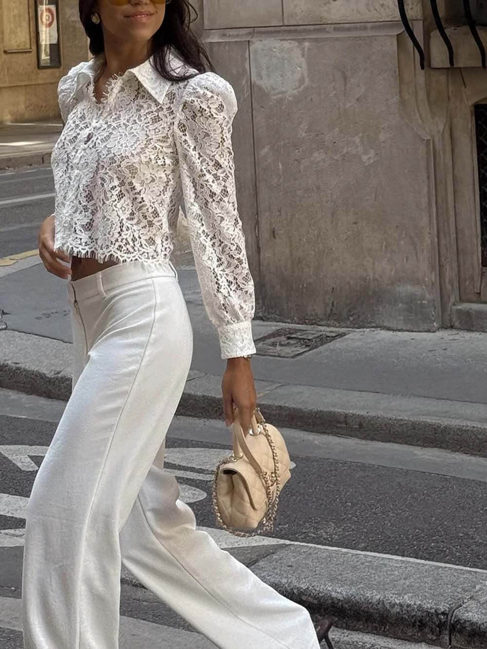 Elegant Lace Long-sleeved Cropped Shirt