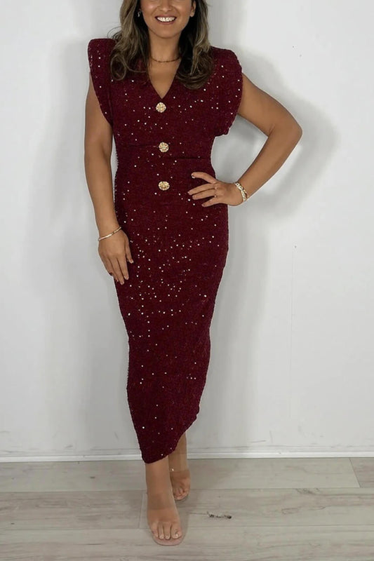 Exquisite Sequin Textured V-neck Midi Dress