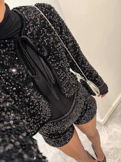 Exquisite Black Sequined Blazer and Velvet Shorts Set