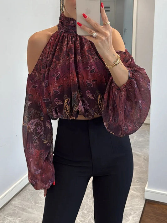 Retro Paisley-print Chiffon Off-the-shoulder Shirt