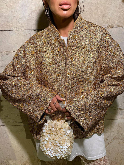 Retro Sequin Zip-Up Long Sleeve Jacket