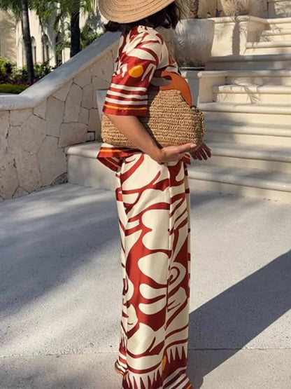 Unique Printed Lapel Satin Loose Shirt