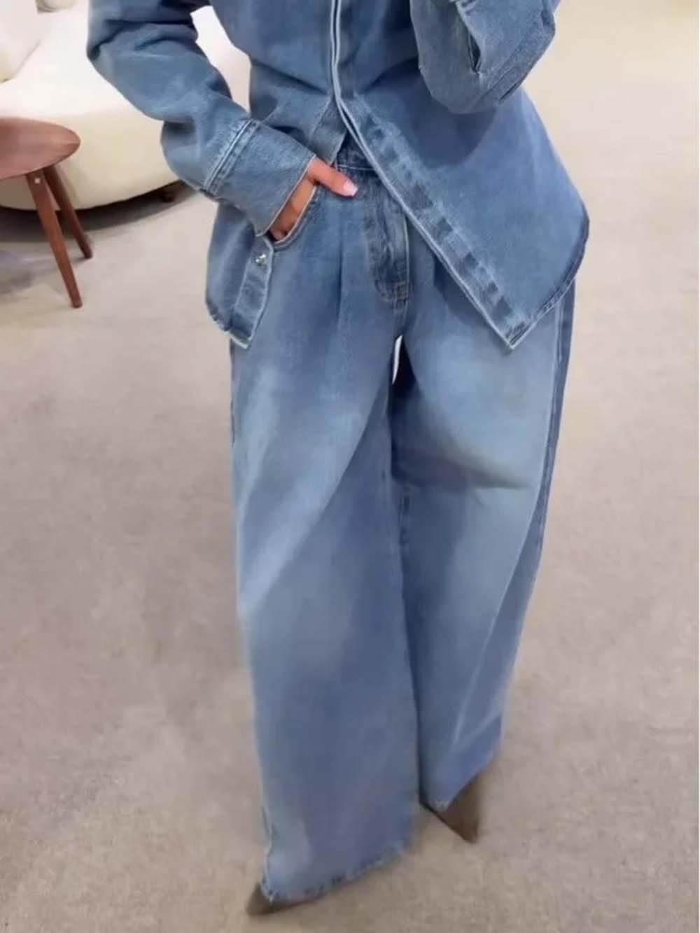 Fashionable High-Waist Pocket Wide-Leg Jeans