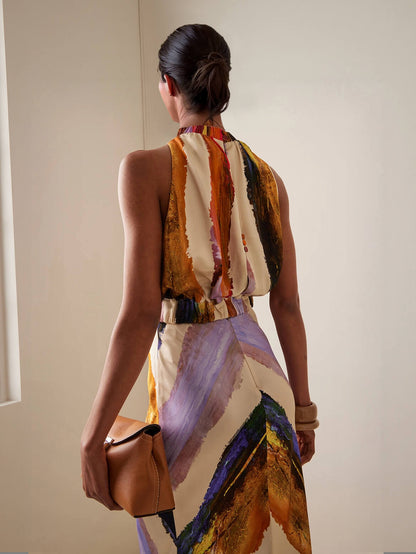 Elegant Abstract Print Tank Top And Maxi Skirt Set