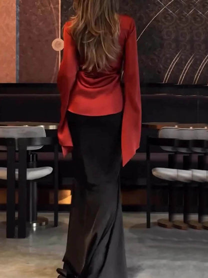 Fashion Satin Button Front Center Cross Straps Long Bell Sleeve Shirt