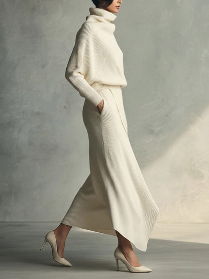 Casual Turtleneck Sweater And Asymmetrical Skirt Set