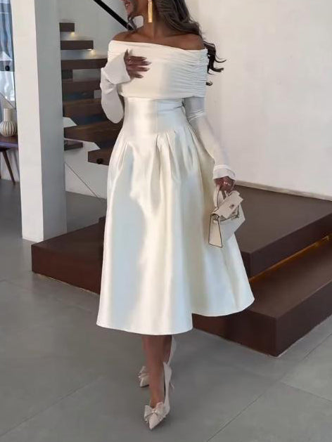 Elegant Off-Shoulder Satin Midi Dress