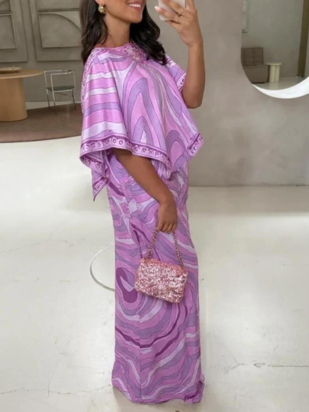 Casual Satin Placement Print Cape Top And Flared Skirt Set