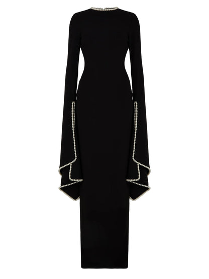 Elegant Pearl-trimmed Flared-sleeve Maxi Dress