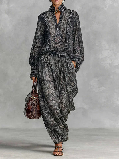 Retro Paisley Print Shirt Two-piece Set