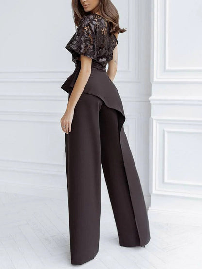 Elegant One-shoulder Lace Shawl Slit Pants Wide-leg Two-piece Set