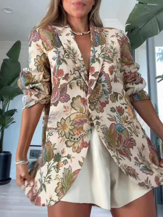 Exquisite Retro Floral Print Oversized Suit Shorts Set