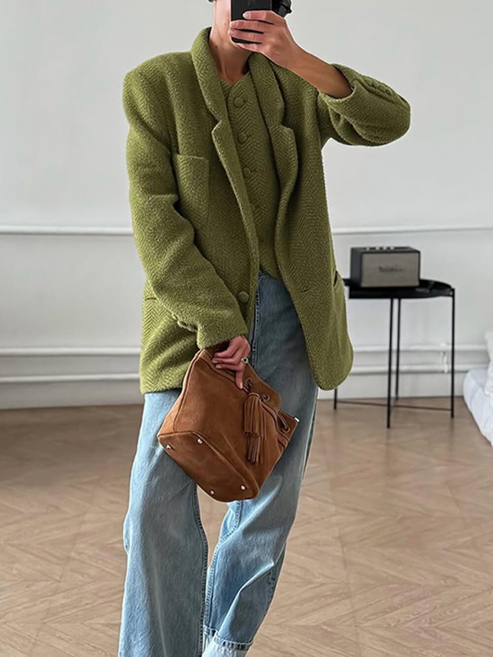 Fashion Lapel Design Collared Solid Color Loose Blazer