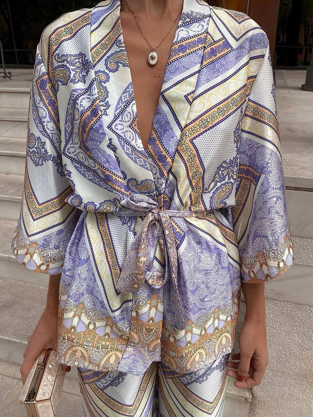 Elegant Unique Pattern Printed Belted Loose Lapel Top