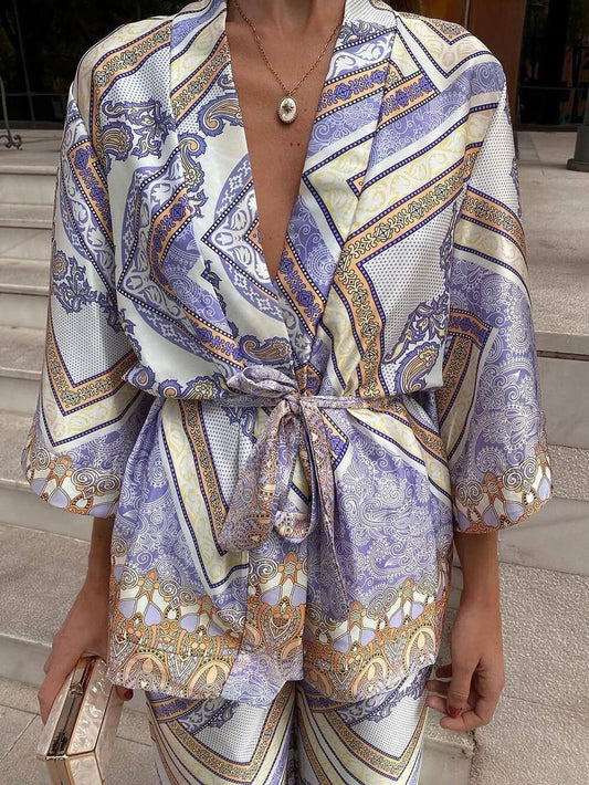 Elegant Unique Pattern Printed Belted Loose Lapel Top