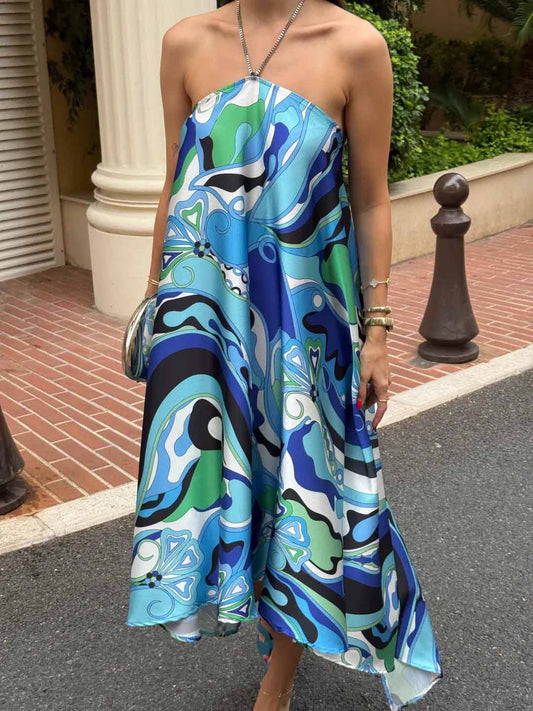 Elegant Halterneck Abstract Floral Print Midi Dress