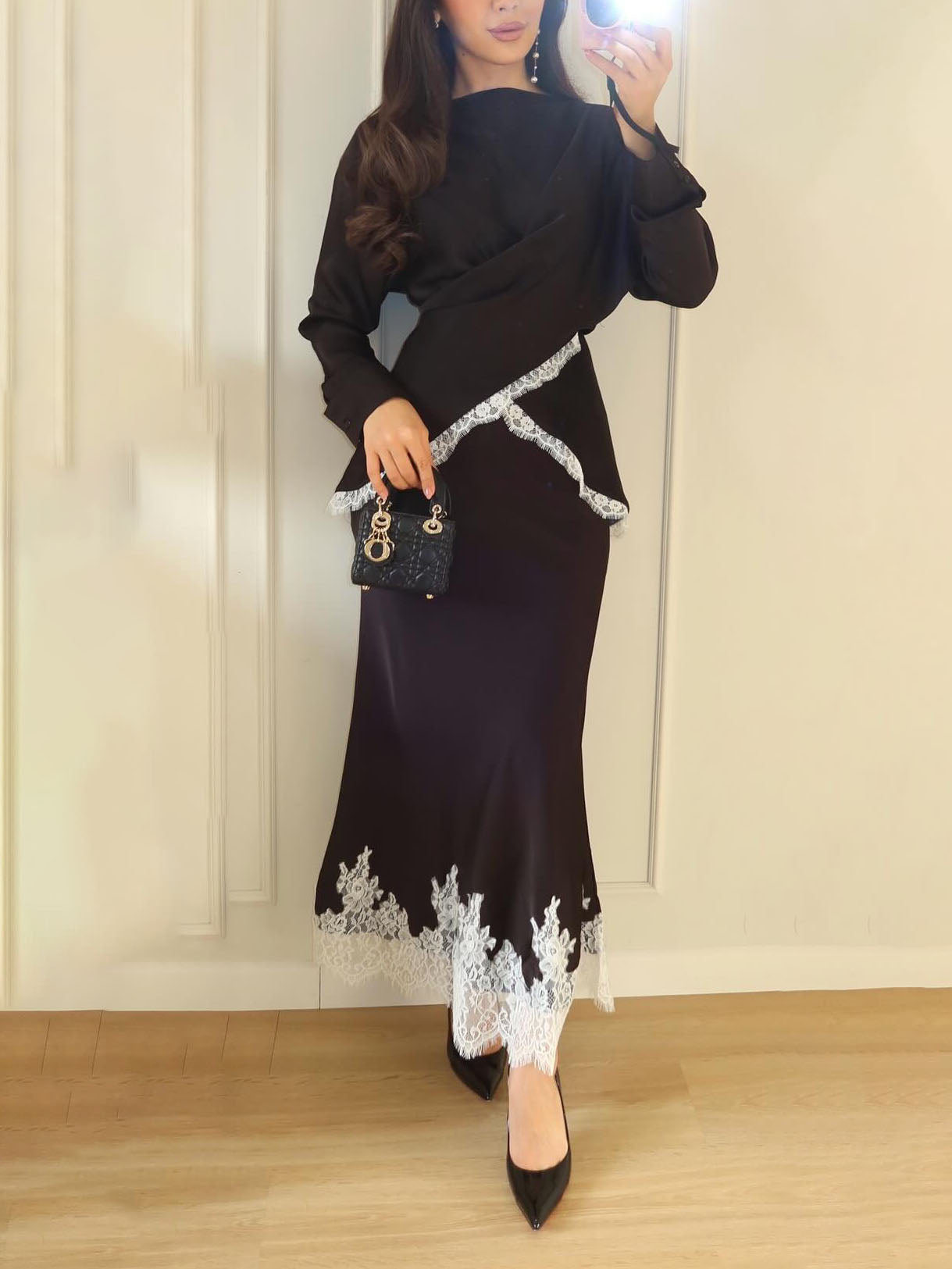 Elegant Satin Lace-trimmed Wrap Top Two-piece Set