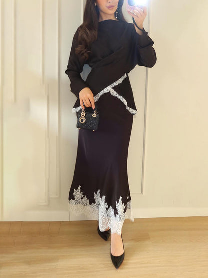 Elegant Satin Lace-trimmed Wrap Top Two-piece Set