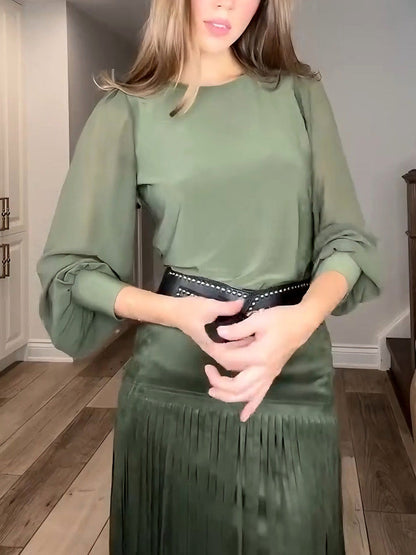 Elegant High-waisted Tassel Skirt Two-piece Set