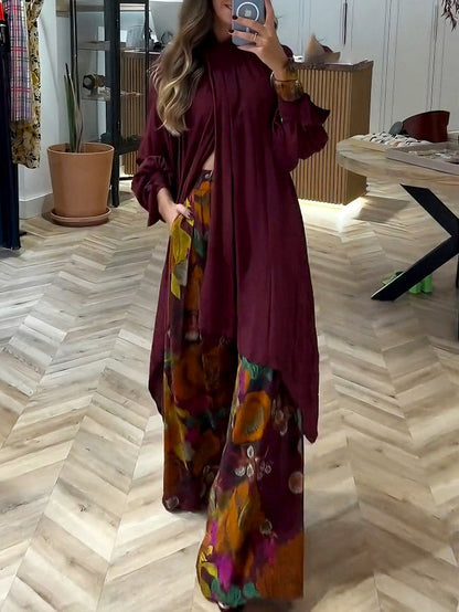 Elegant High-Neck Pleated Asymmetrical Long Blouse