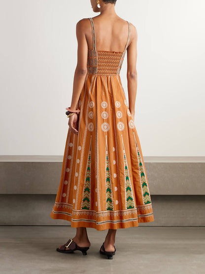 Elegant Off-Shoulder Retro-Print Pleated Midi Dress