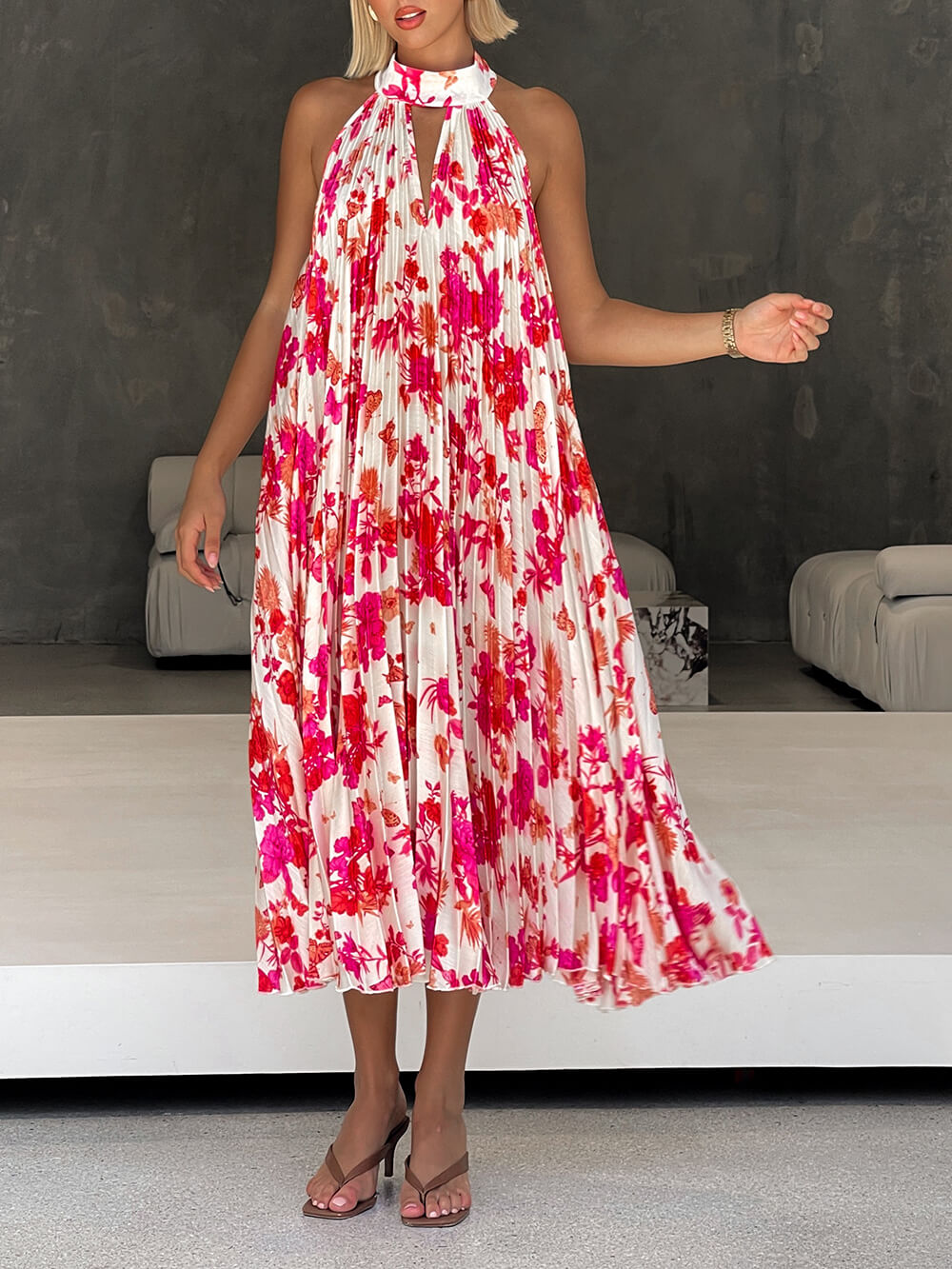 Delicate Floral Print Halter Neck Tie Hollow Pleated Midi Dress